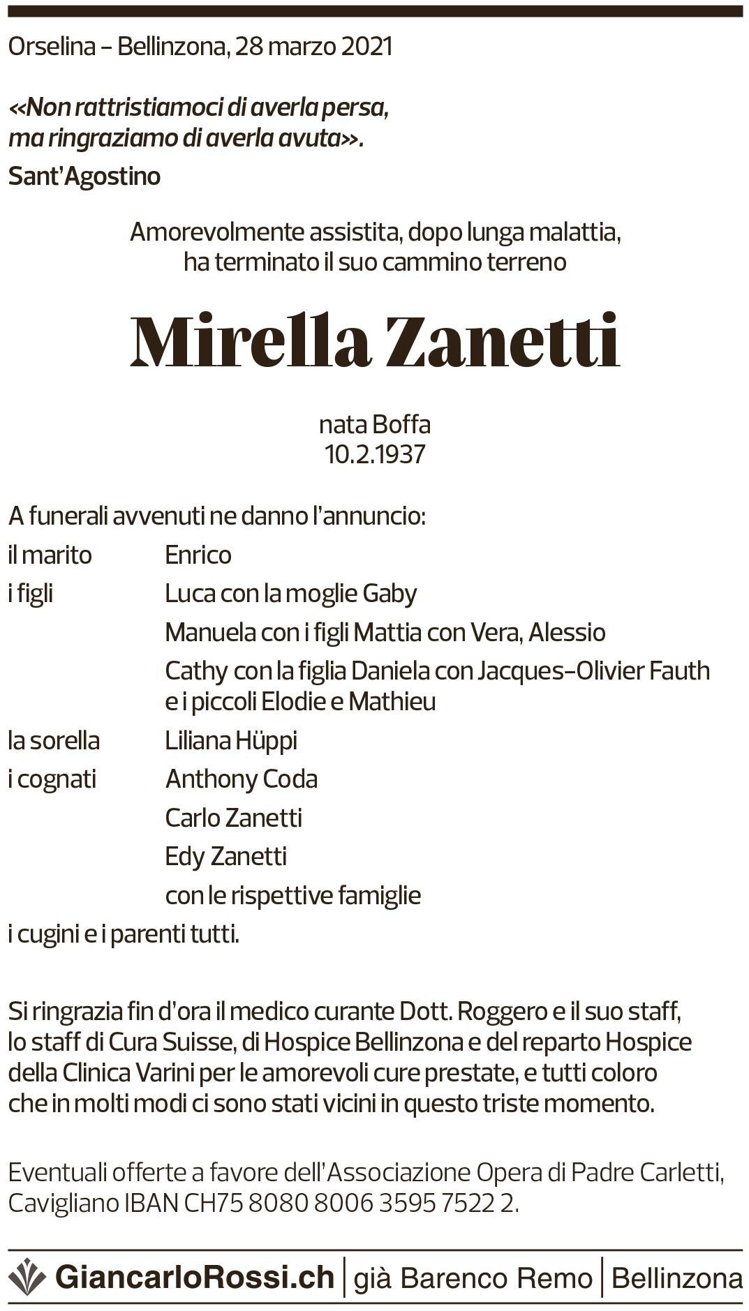 Annuncio funebre Mirella Zanetti