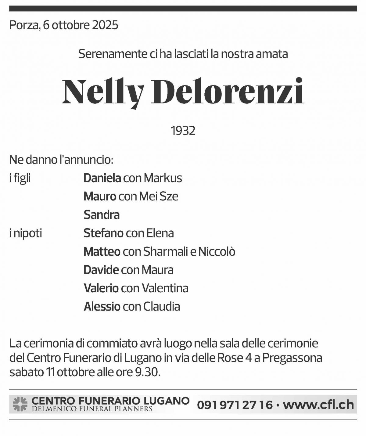 Annuncio funebre Nelly Delorenzi