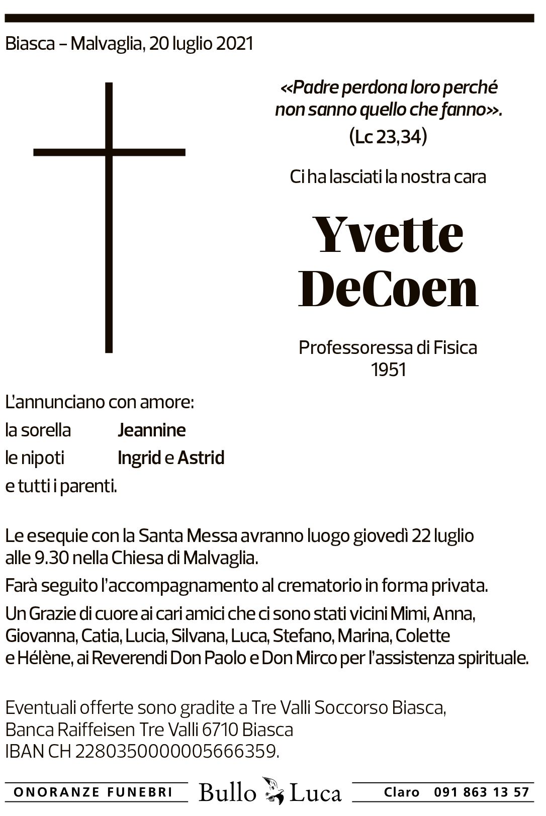 Annuncio funebre Yvette Decoen