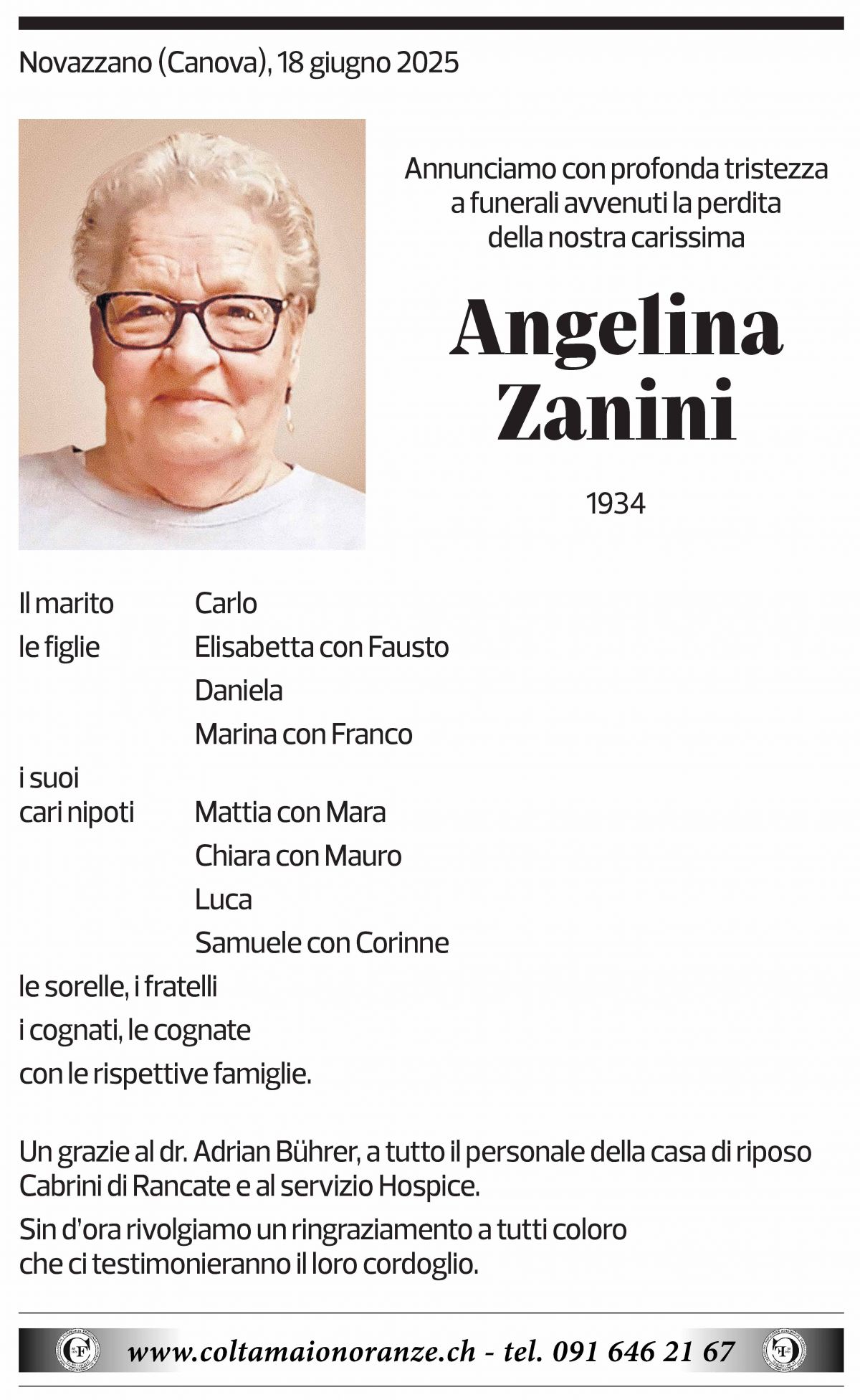 Annuncio funebre Angelina Zanini
