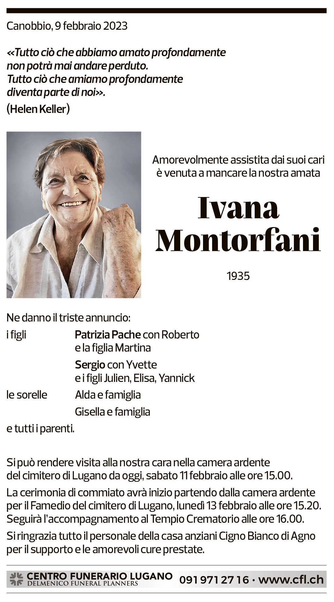 Annuncio funebre Ivana Montorfani