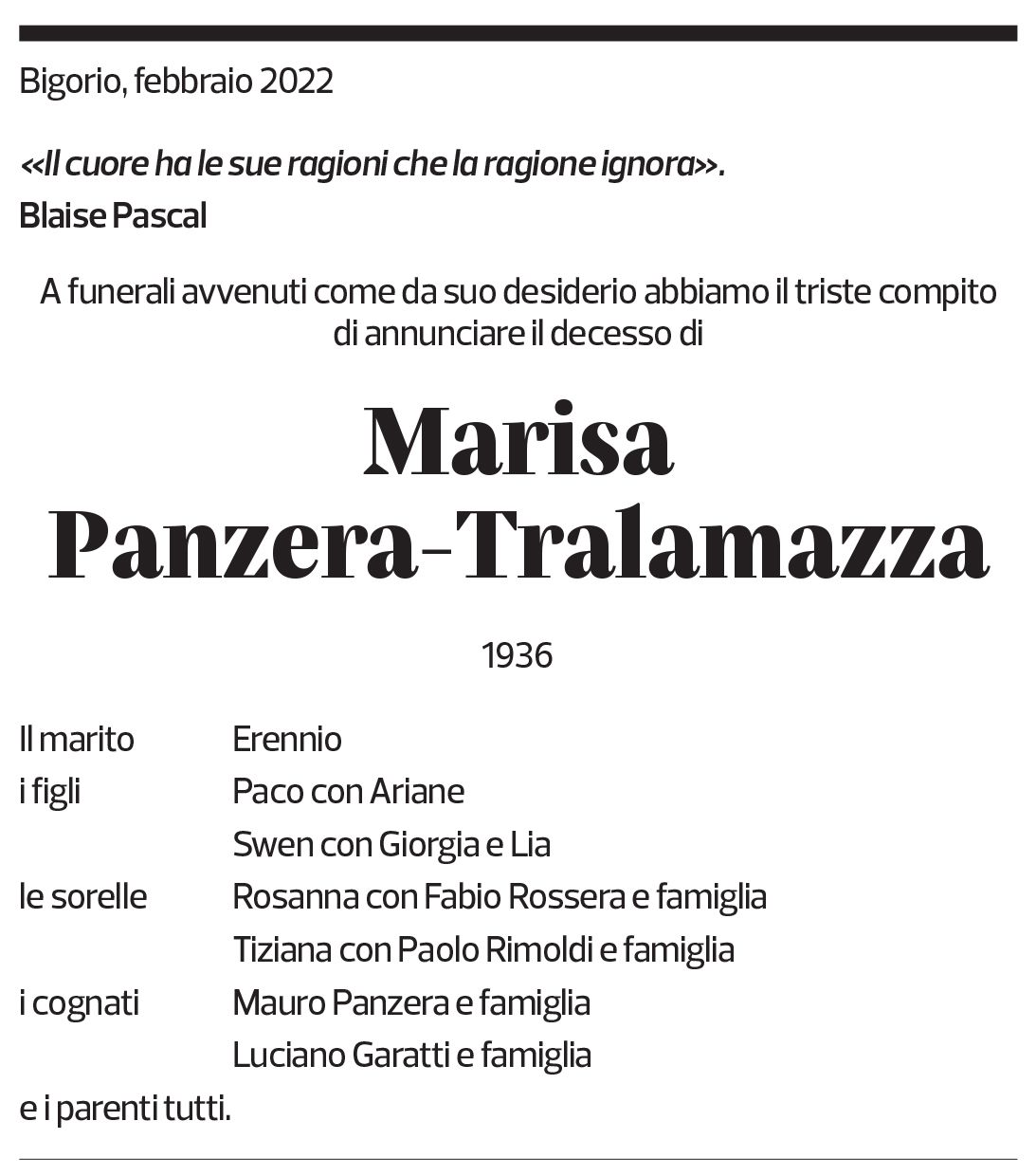 Annuncio funebre Marisa Panzera-tralamazza