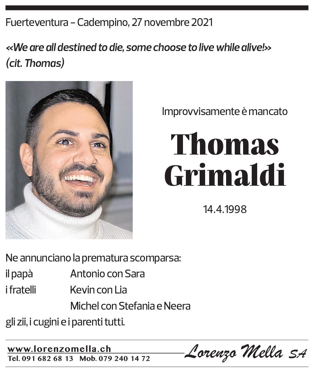 Annuncio funebre Thomas Grimaldi