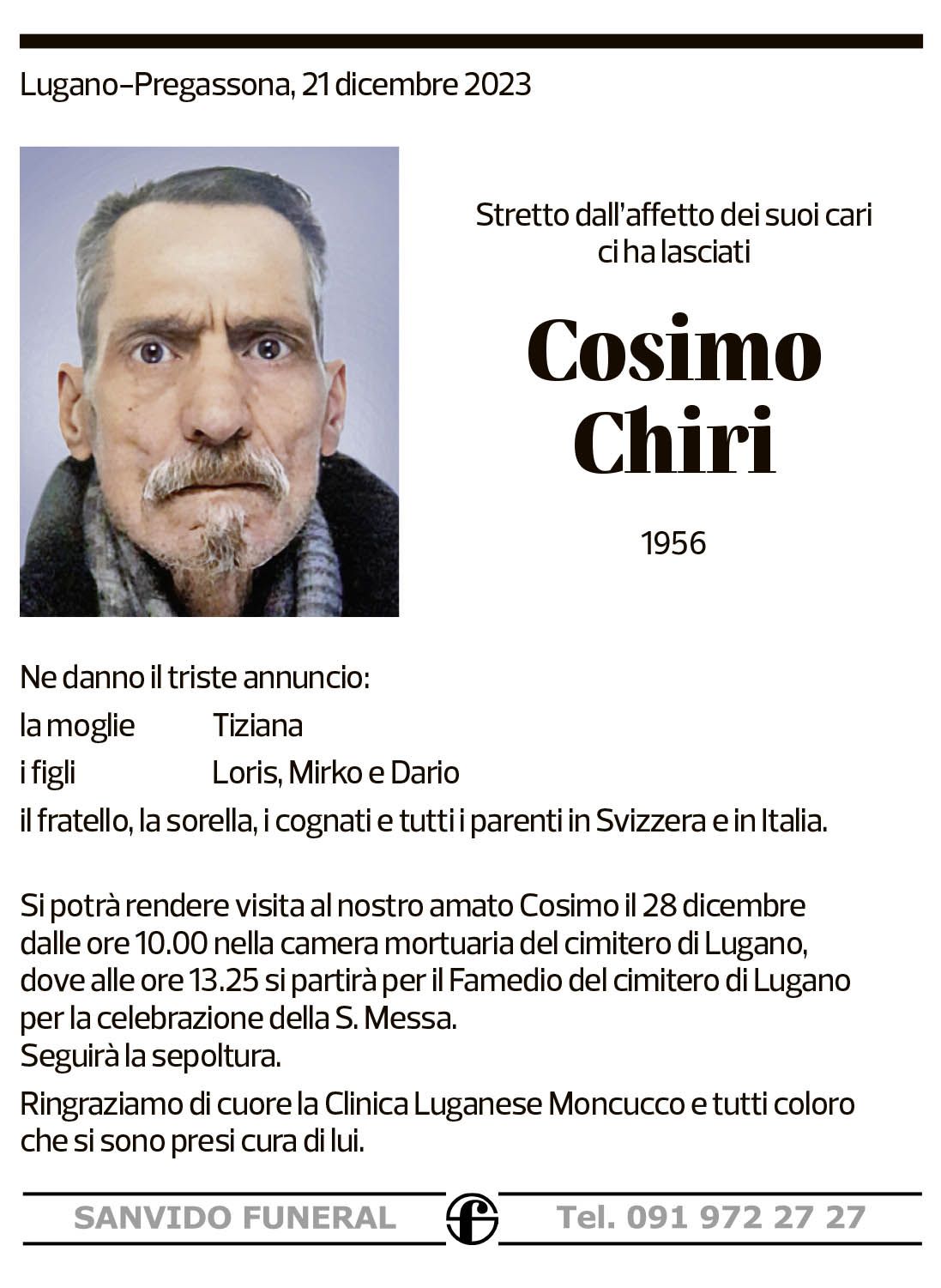 Annuncio funebre Cosimo Chiri