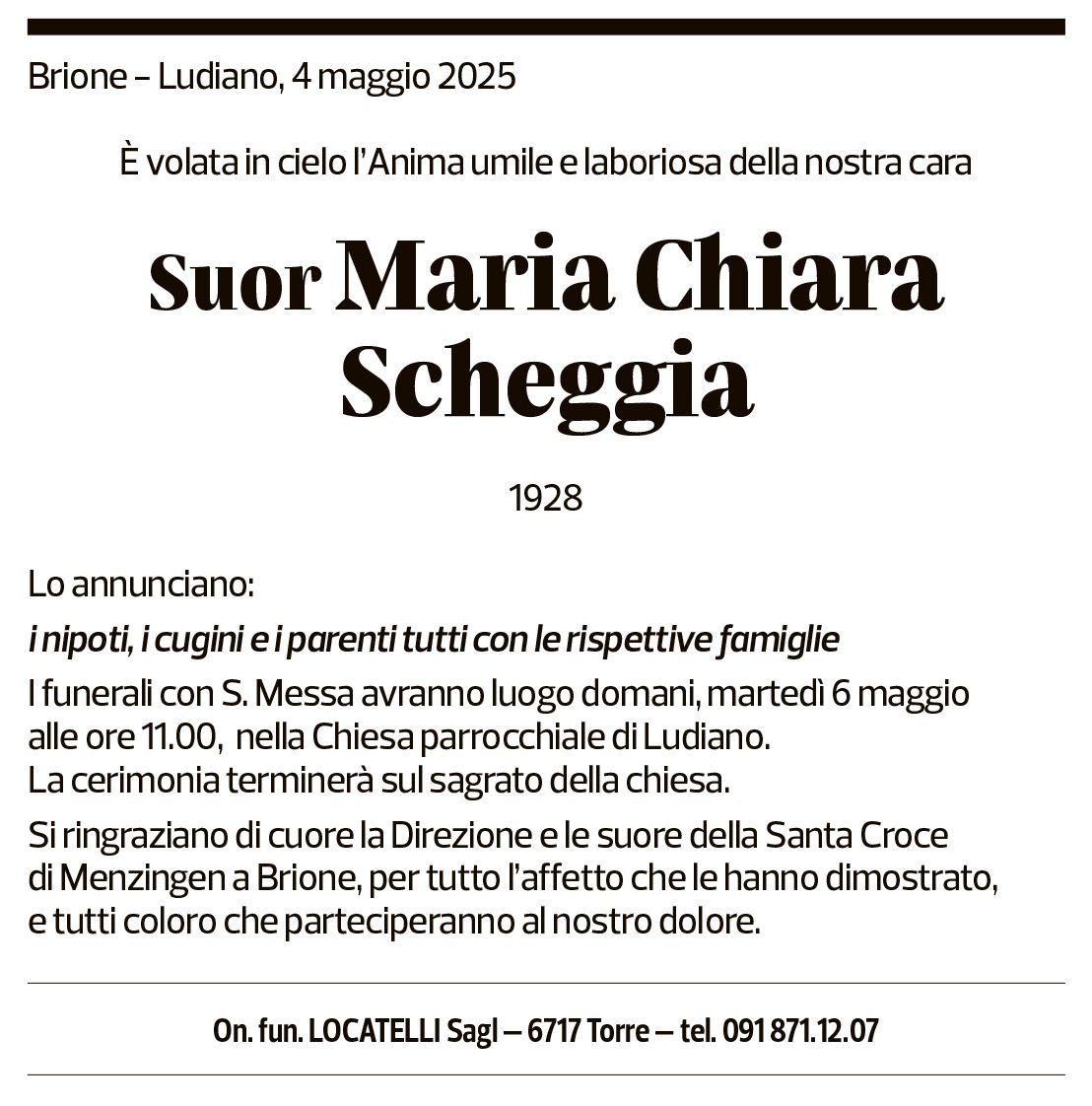 Annuncio funebre Maria Chiara Scheggia