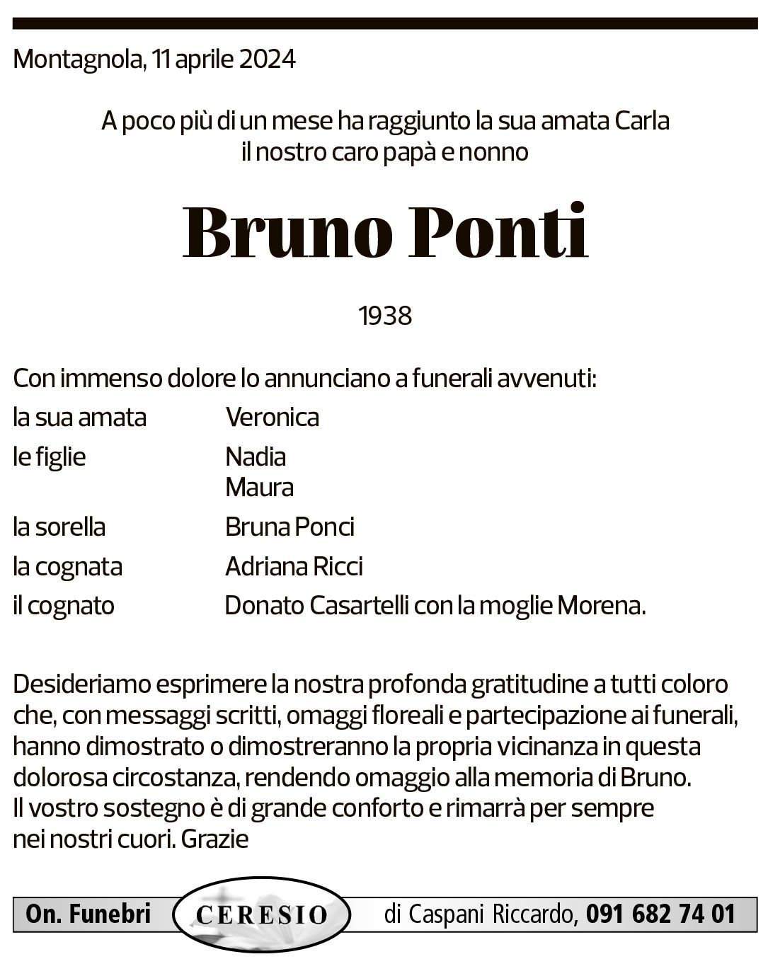 Annuncio funebre Bruno Ponti