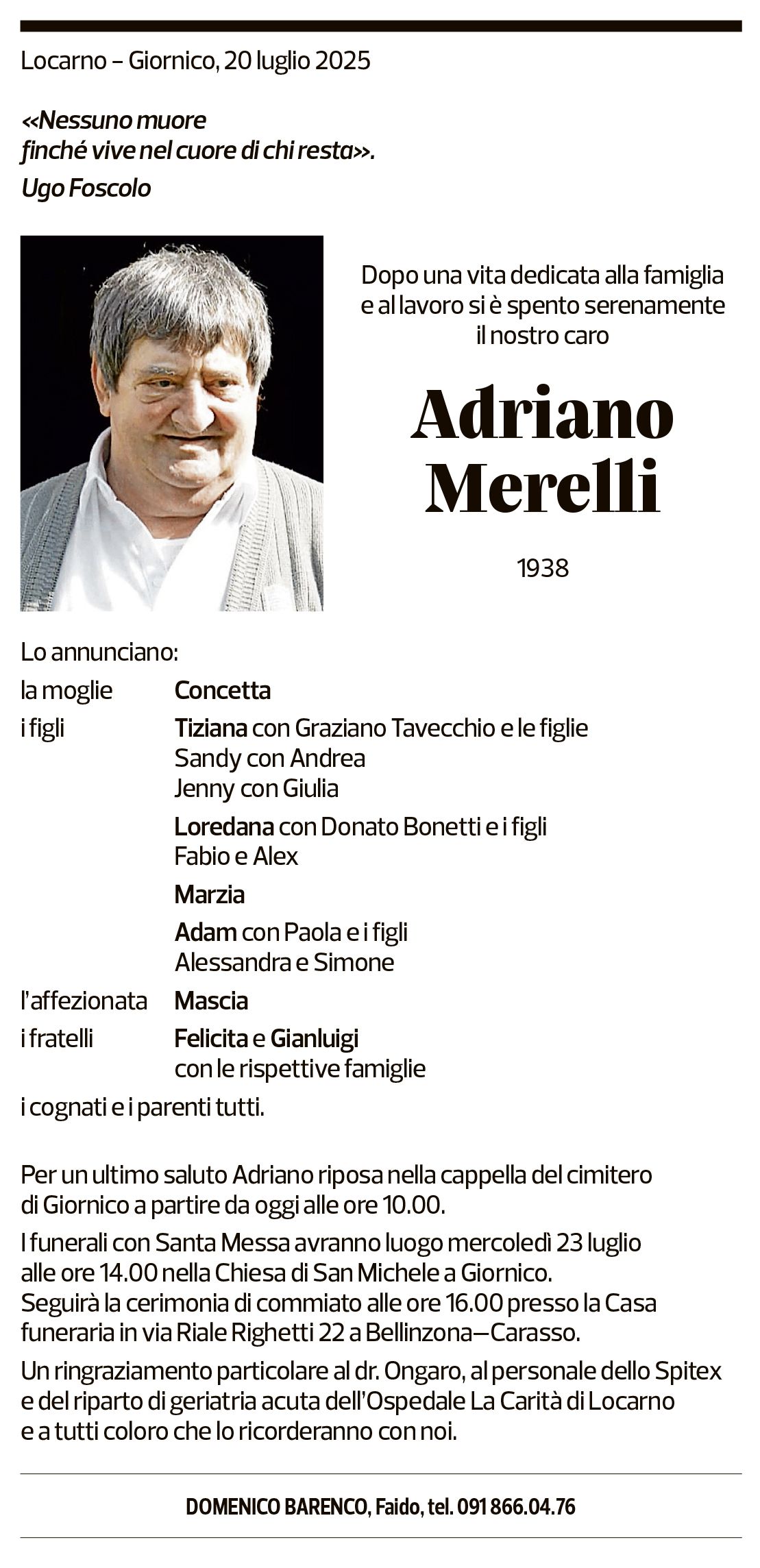 Annuncio funebre Adriano Merelli