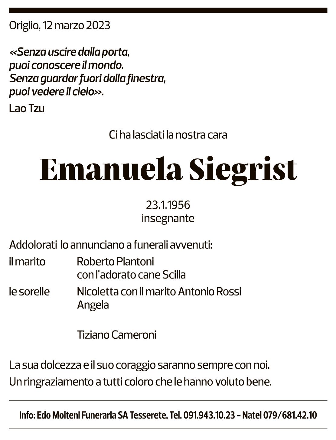 Annuncio funebre Emanuela Siegrist