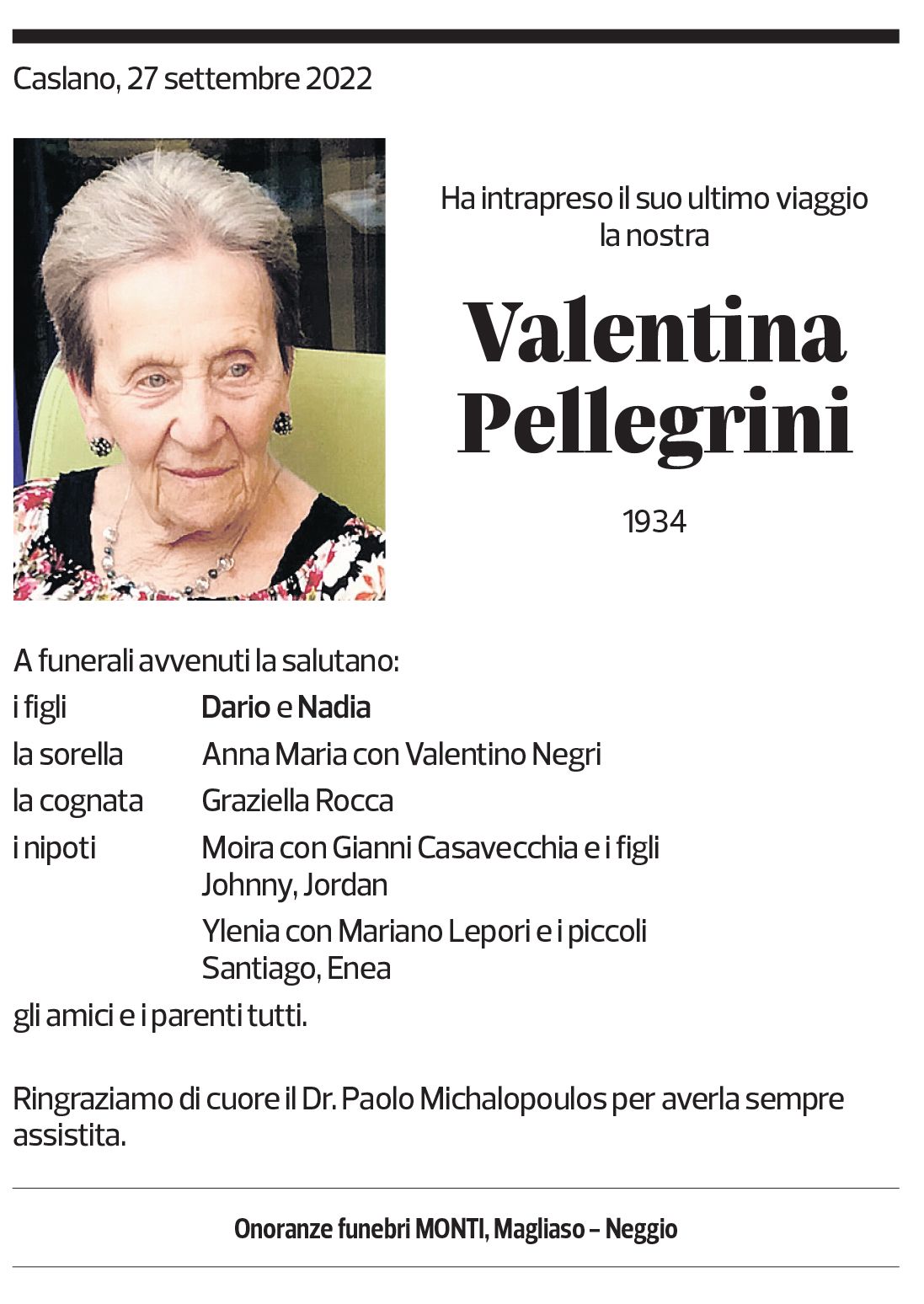 Annuncio funebre Valentina Pellegrini