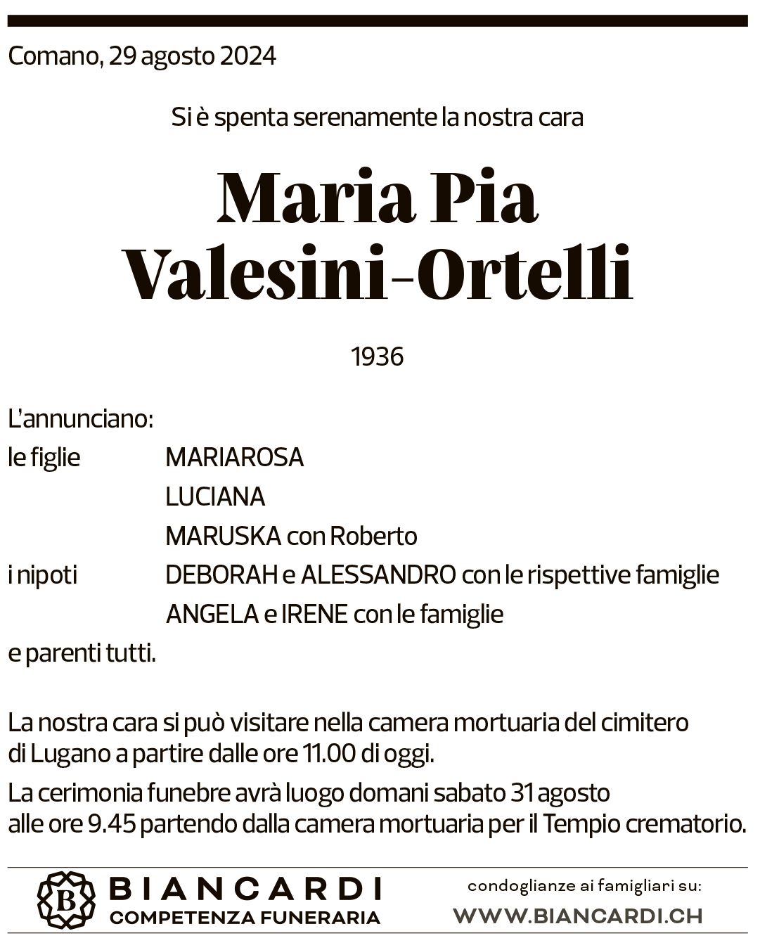 Annuncio funebre Maria Pia Valesini-ortelli