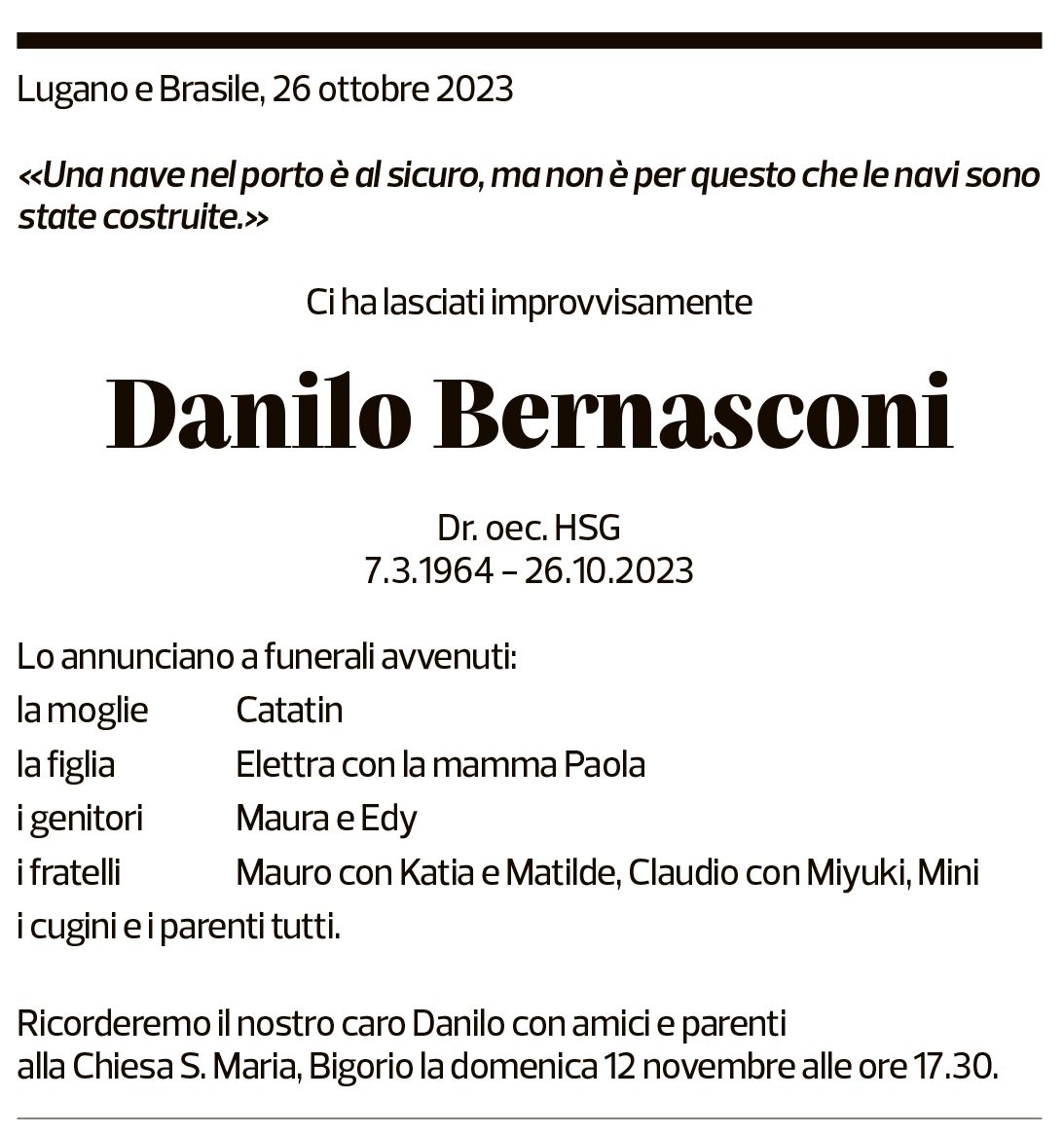 Annuncio funebre Danilo Bernasconi