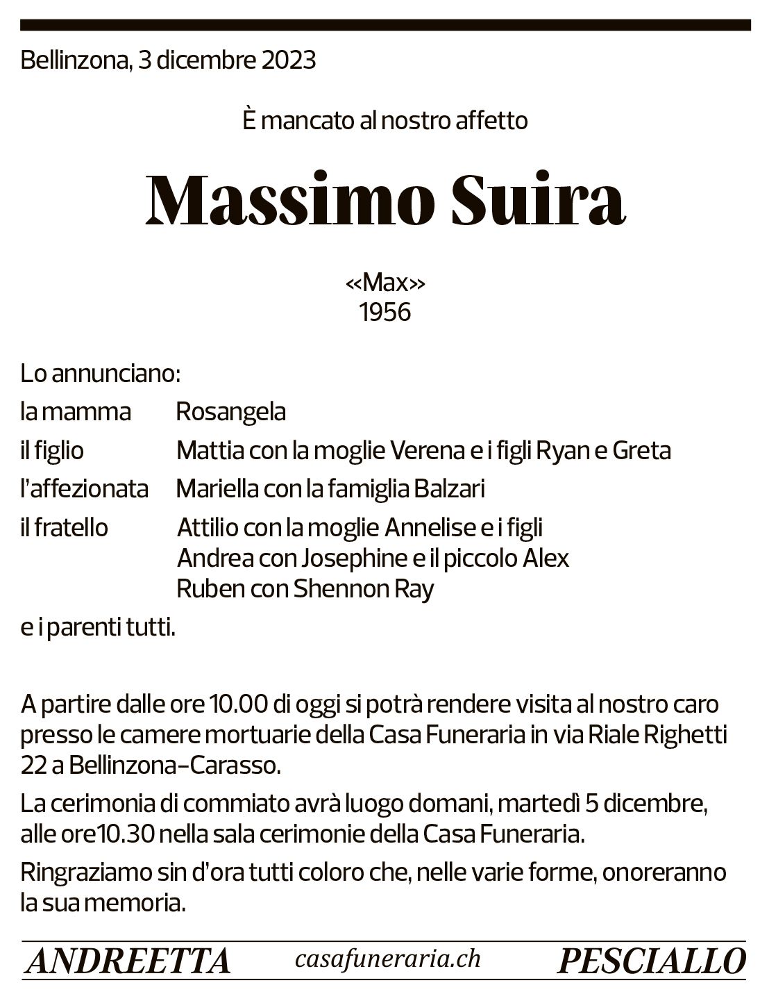 Annuncio funebre Massimo Suira