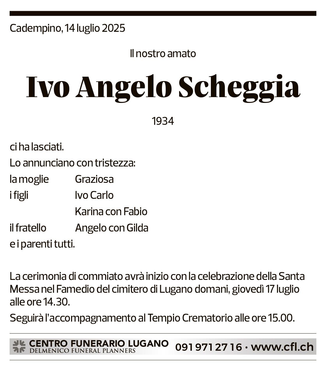 Annuncio funebre Ivo Angelo Scheggia
