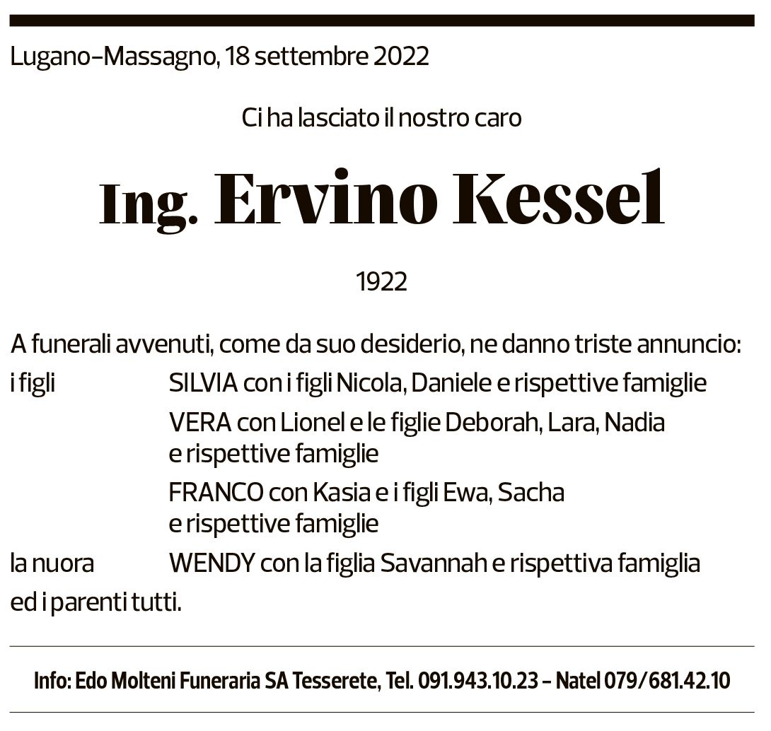 Annuncio funebre Ervino Kessel