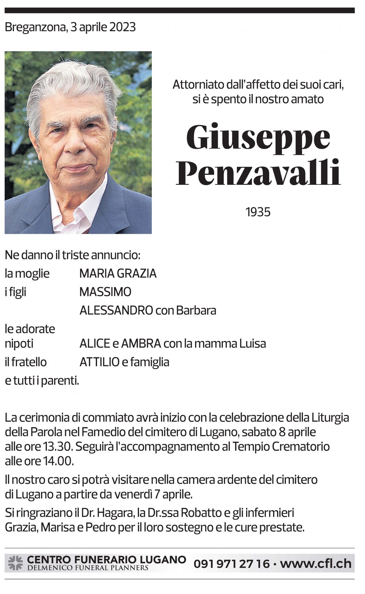 Annuncio funebre Giuseppe Penzavalli