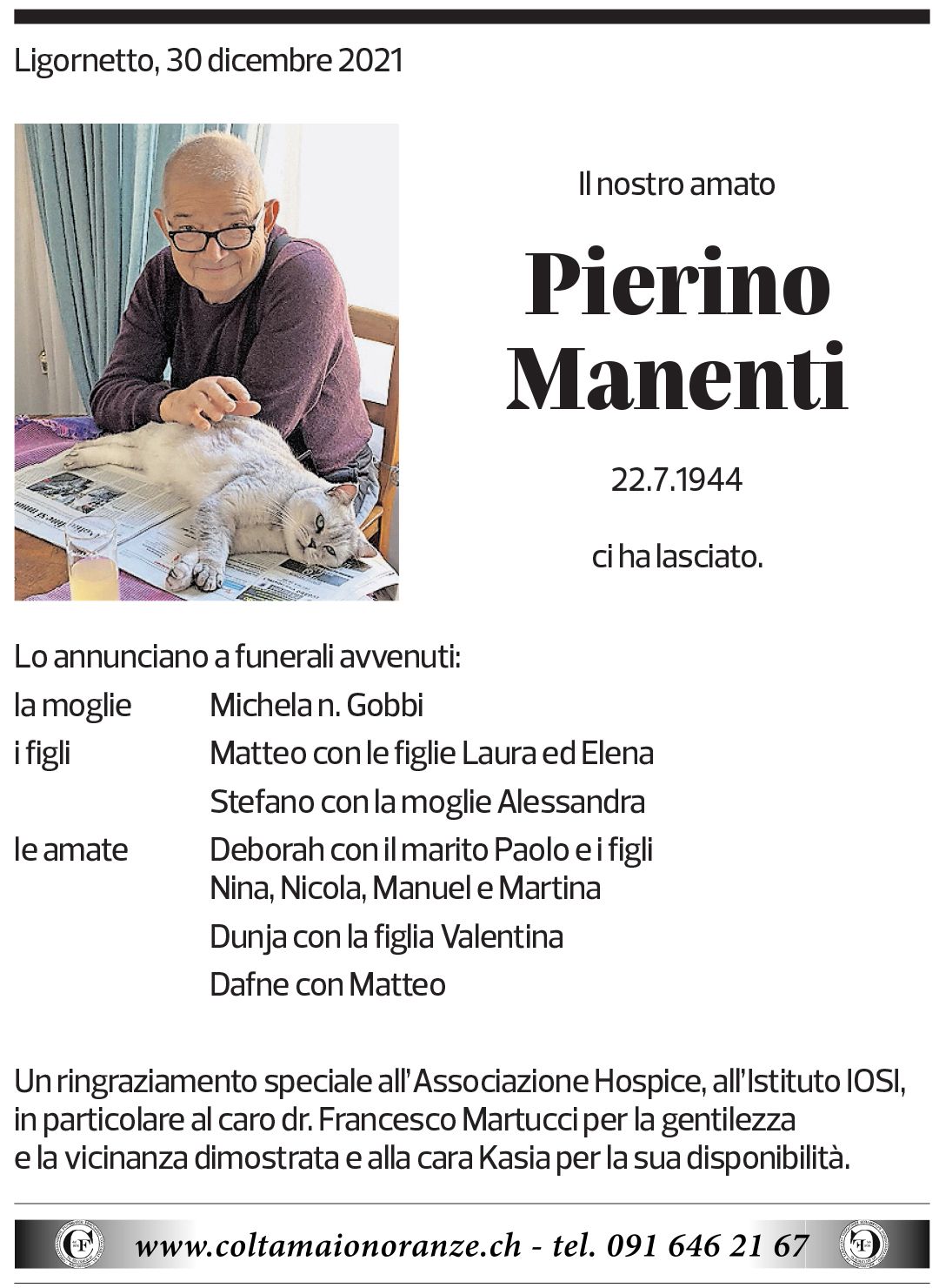 Annuncio funebre Pierino Manenti