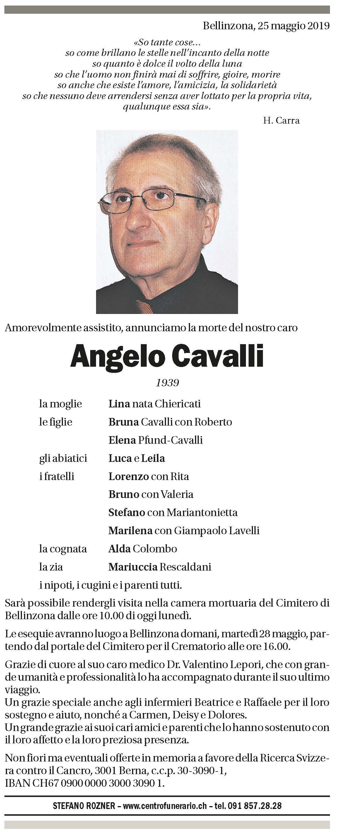 Annuncio funebre Angelo Cavalli