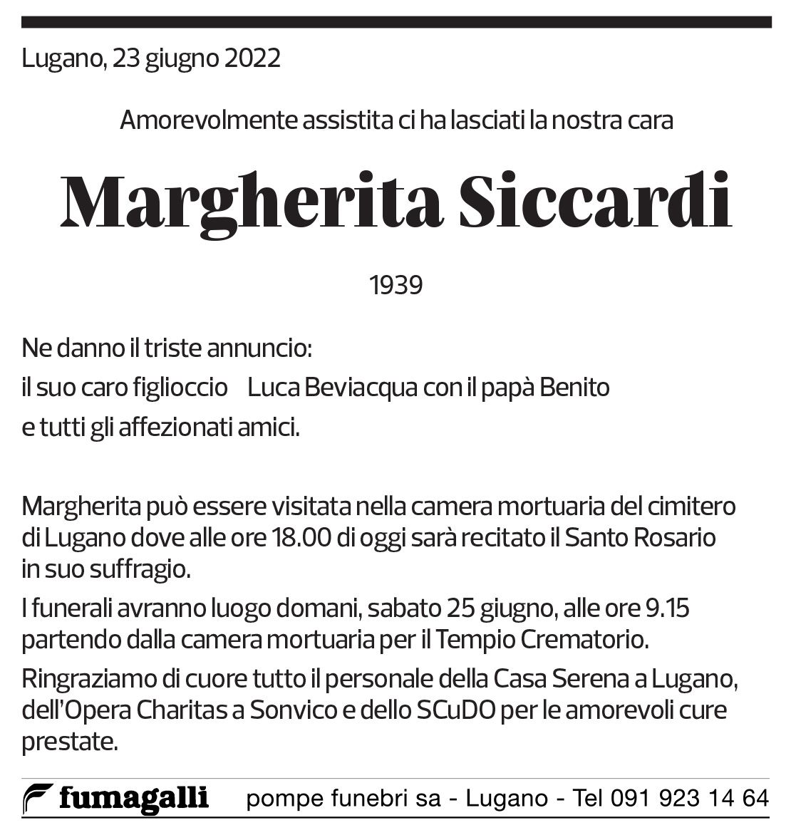 Annuncio funebre Margherita Siccardi