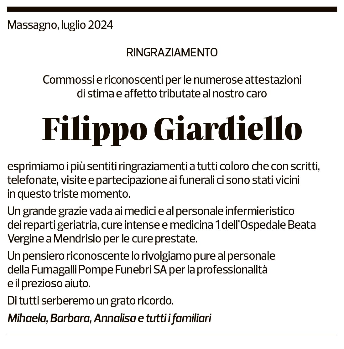 Annuncio funebre Filippo Giardiello