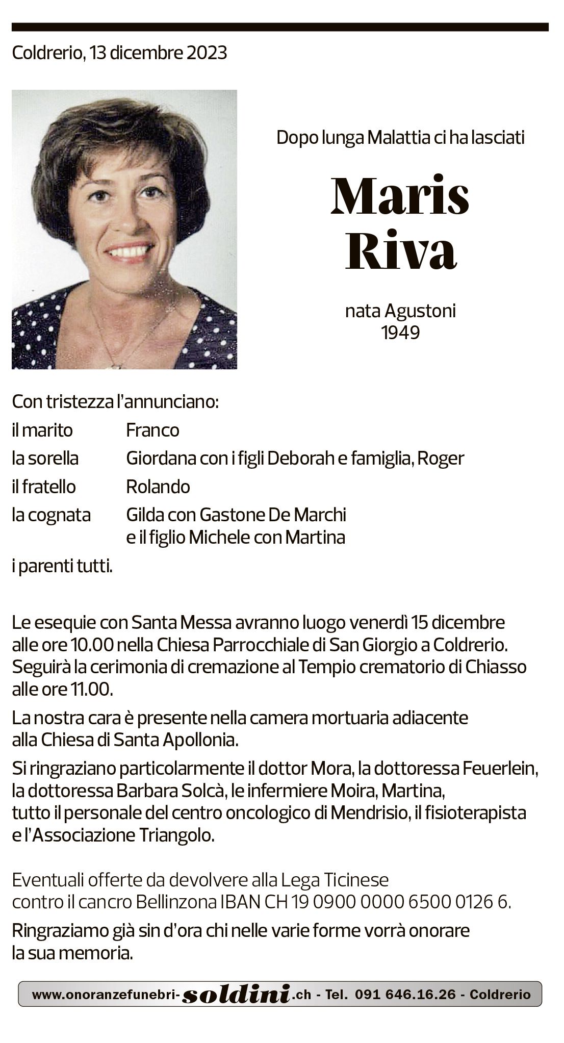 Annuncio funebre Maris Riva