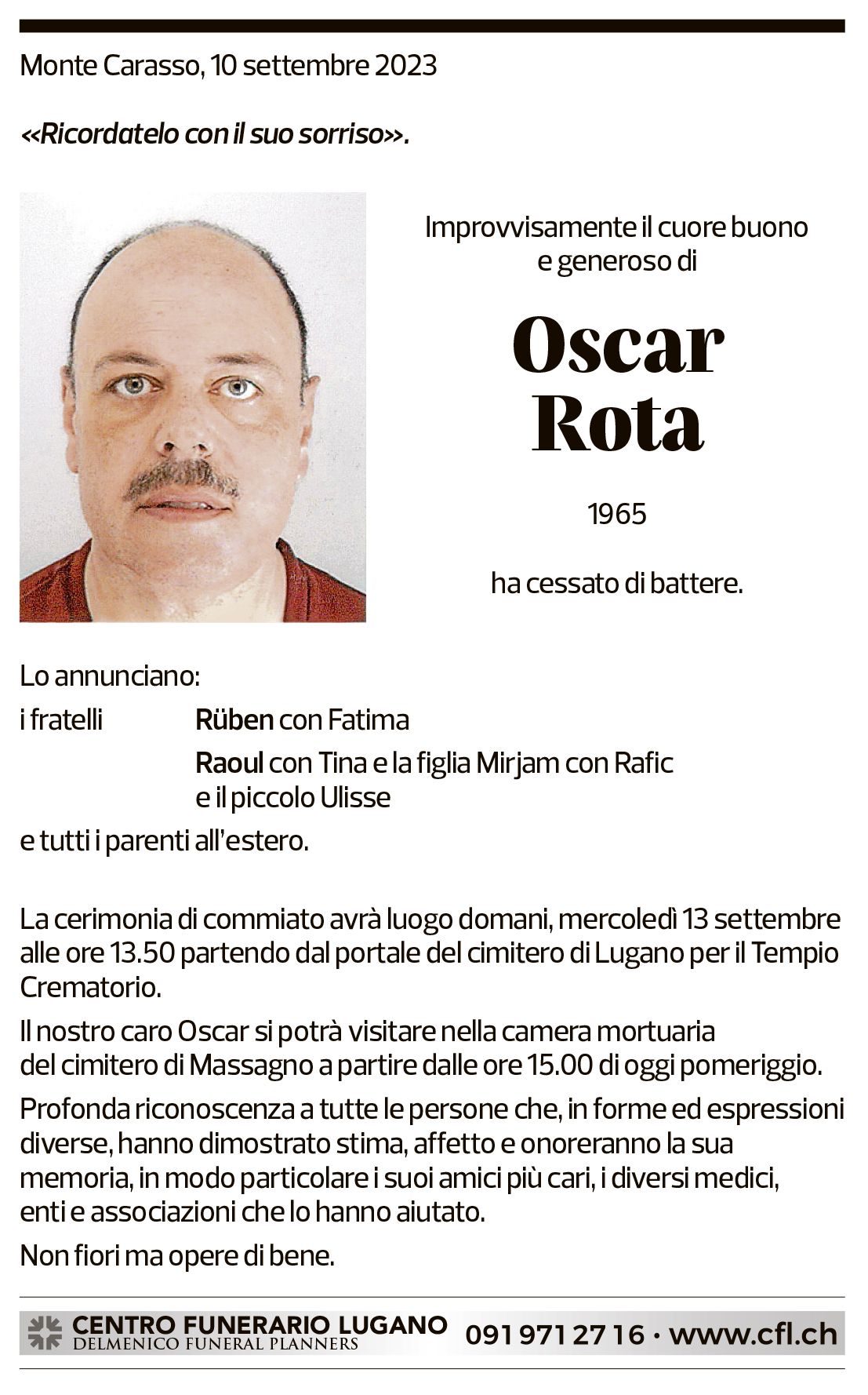 Annuncio funebre Oscar Rota