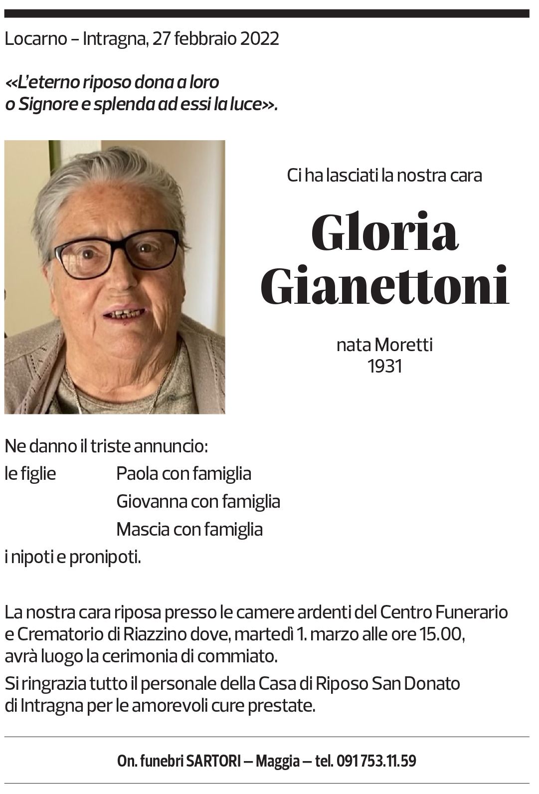 Annuncio funebre Gloria Gianettoni