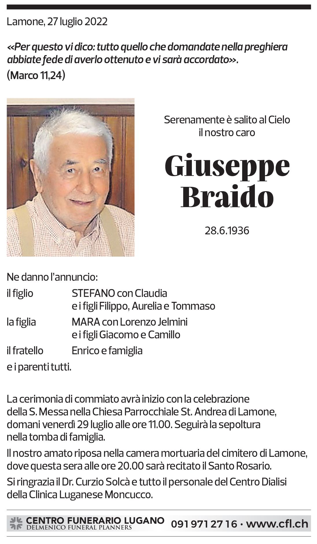 Annuncio funebre Giuseppe Braido