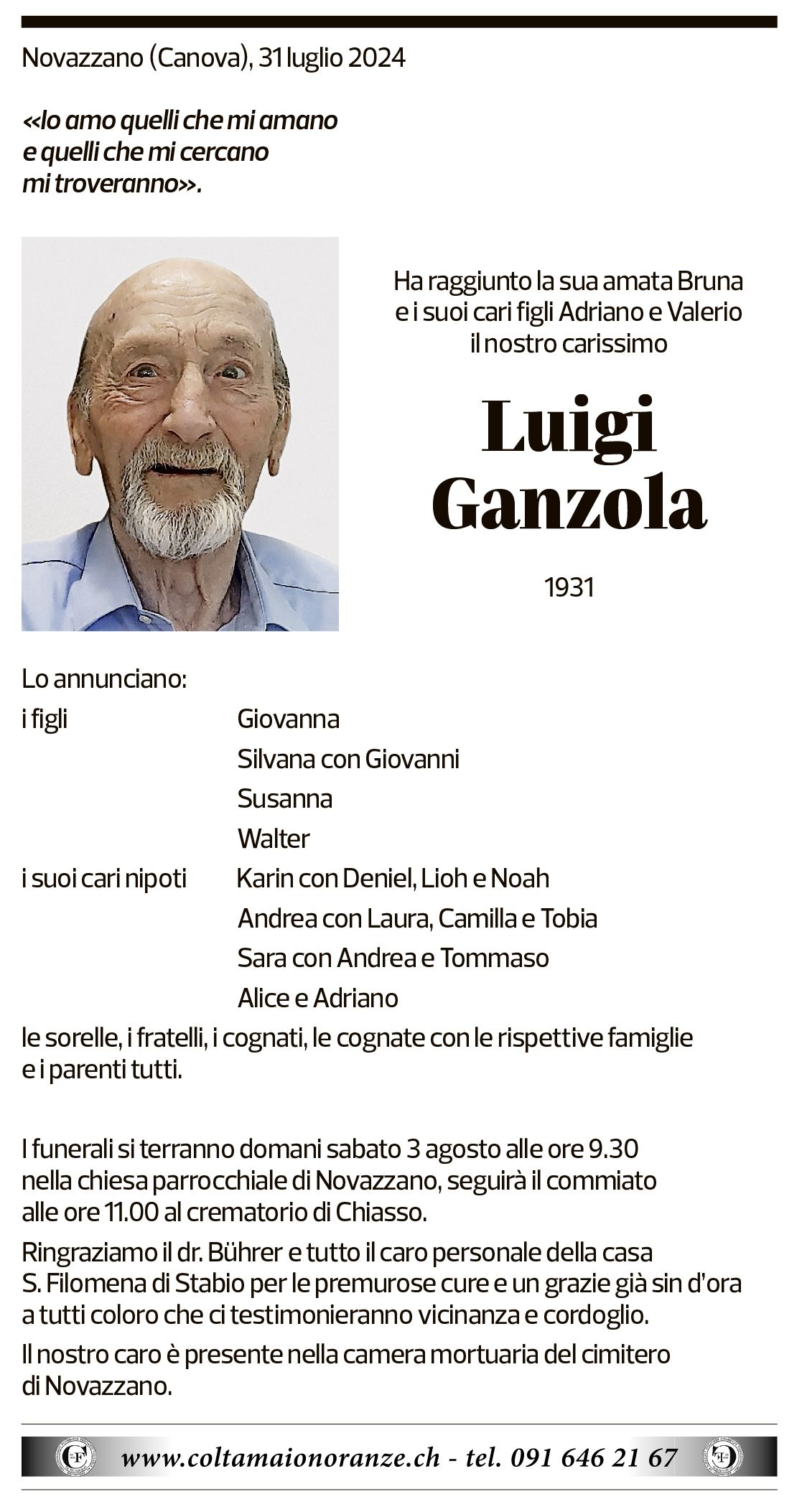 Annuncio funebre Luigi Ganzola