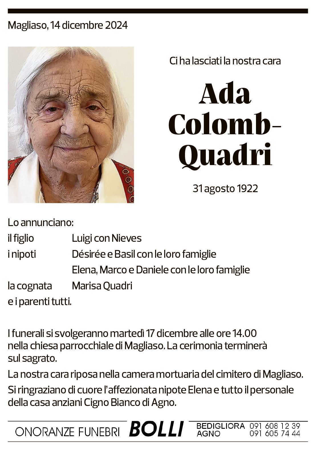 Annuncio funebre Ada Colomb-quadri