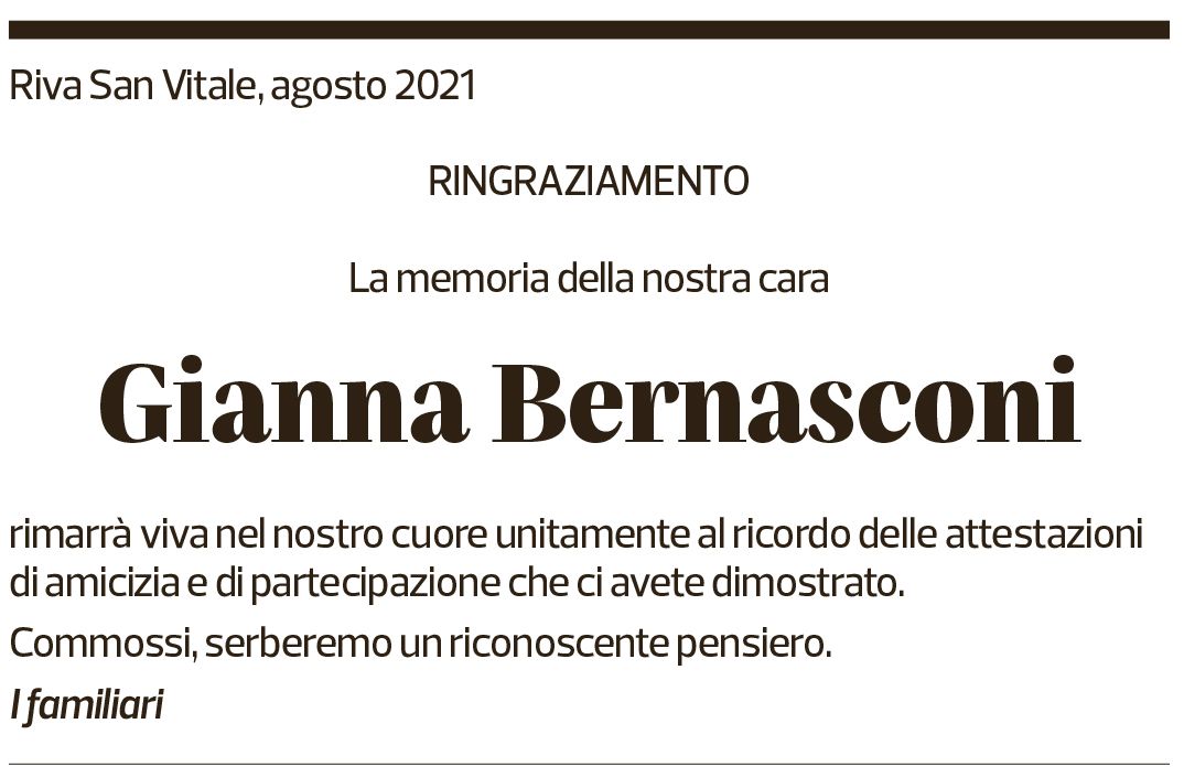 Annuncio funebre Gianna Bernasconi