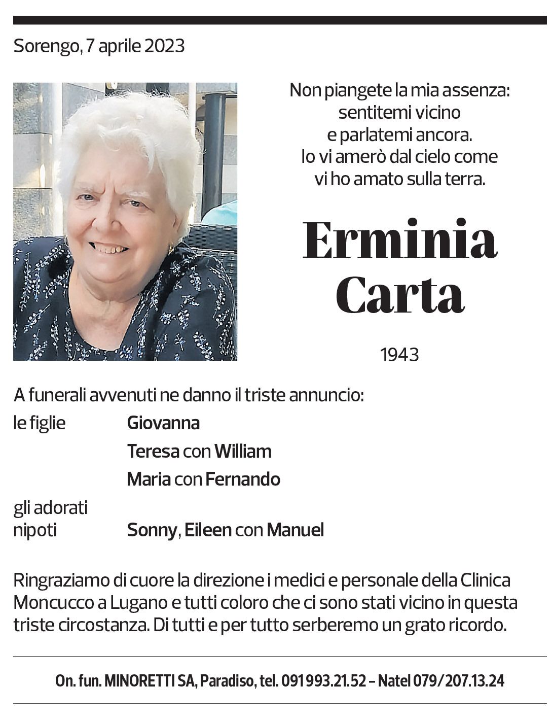 Annuncio funebre Erminia Carta