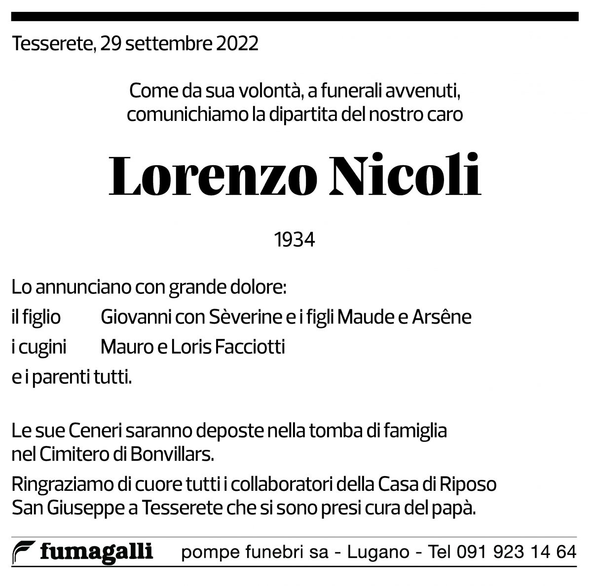 Annuncio funebre Lorenzo Nicoli