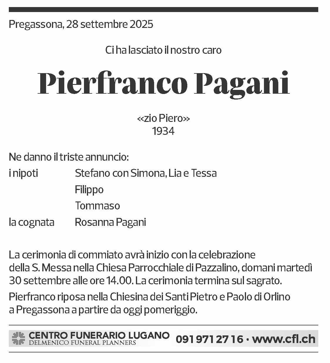 Annuncio funebre Pierfranco Pagani