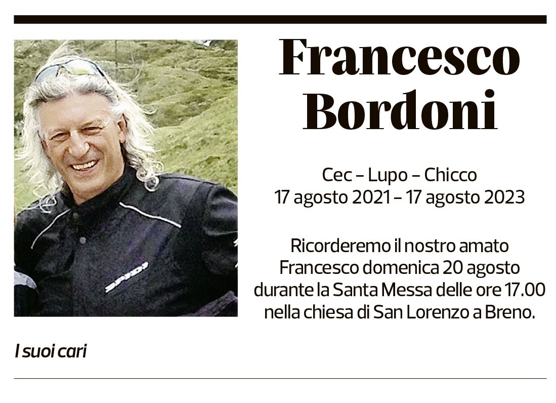 Annuncio funebre Francesco Bordoni