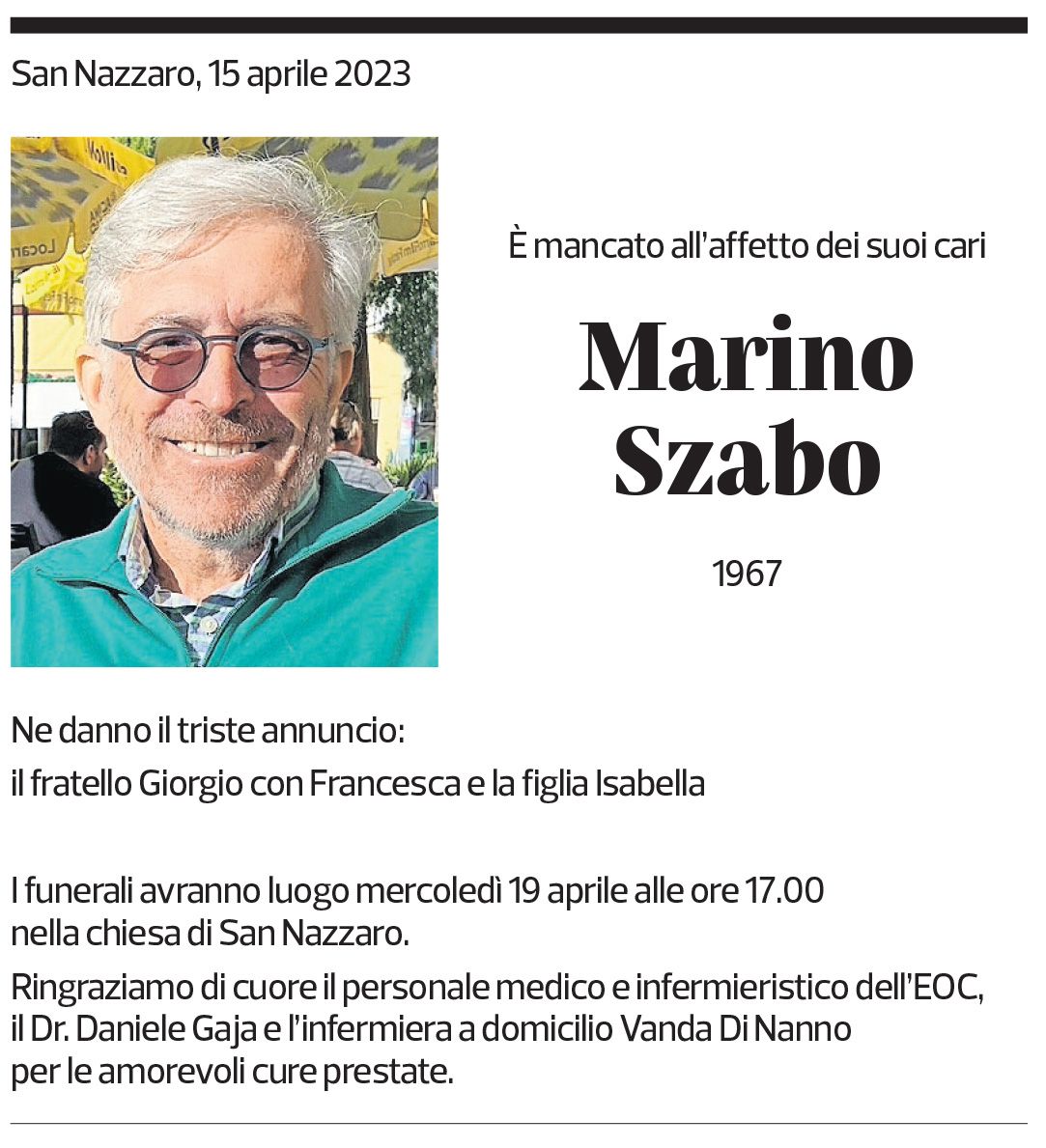 Annuncio funebre Marino Szabo