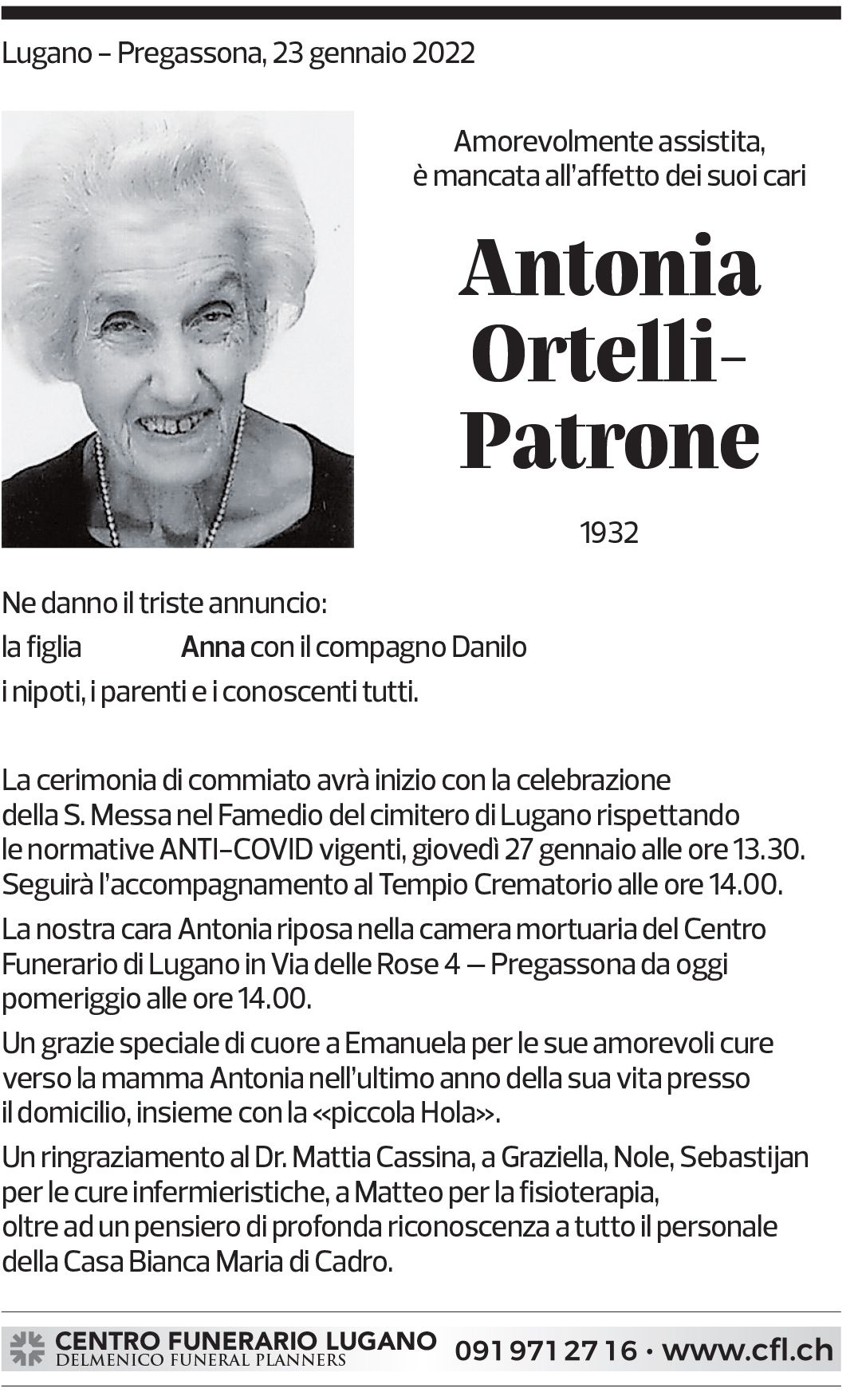 Annuncio funebre Antonia Ortelli-patrone