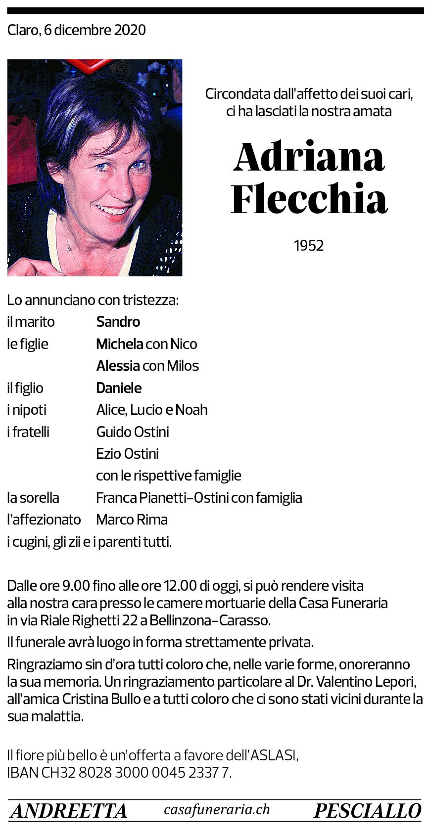 Annuncio funebre Adriana Flecchia