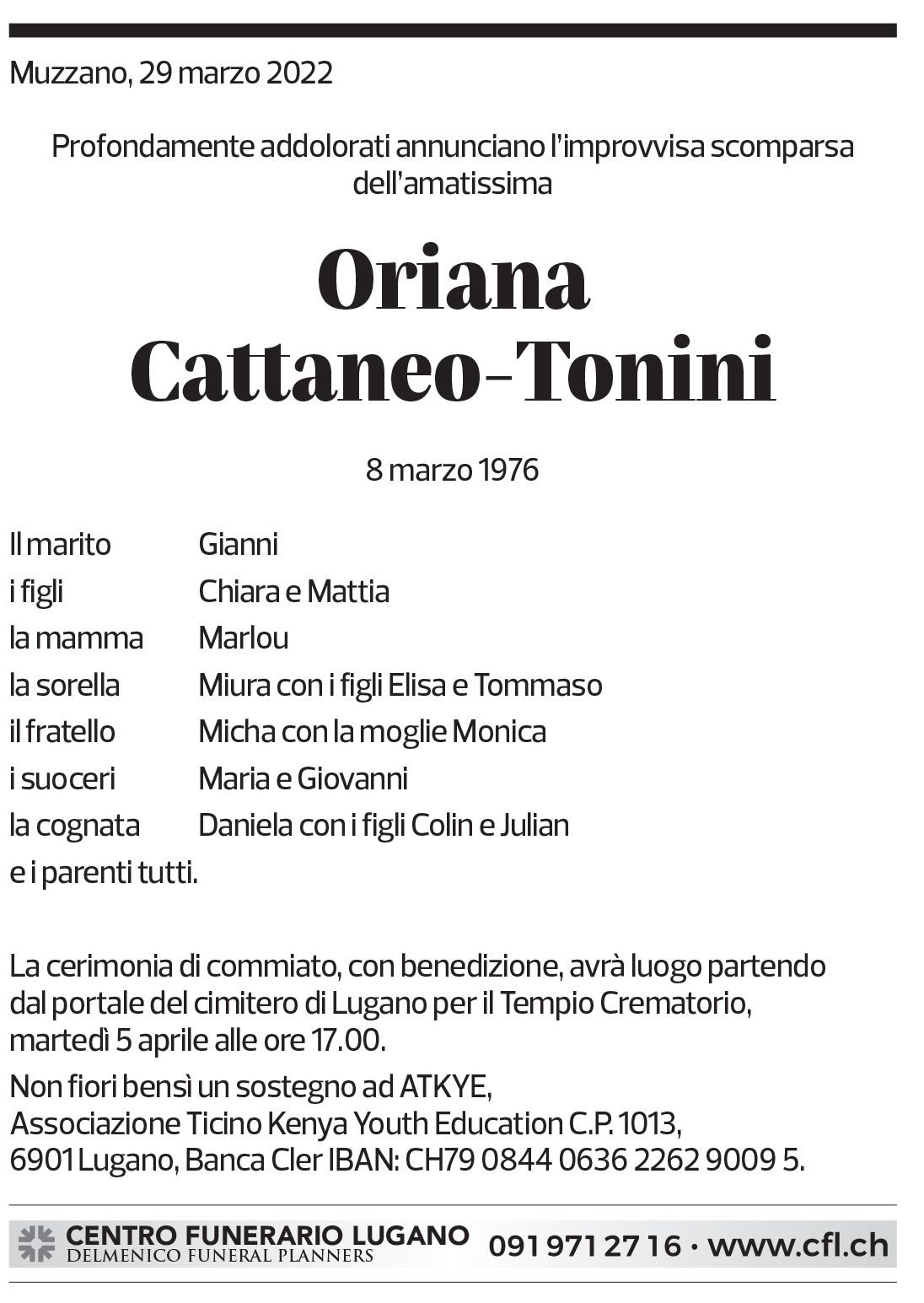 Annuncio funebre Oriana Cattaneo-tonini