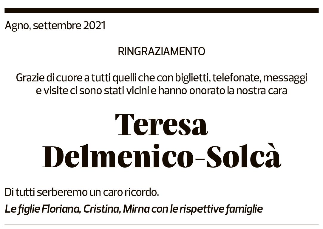 Annuncio funebre Teresa Delmenico-solcà