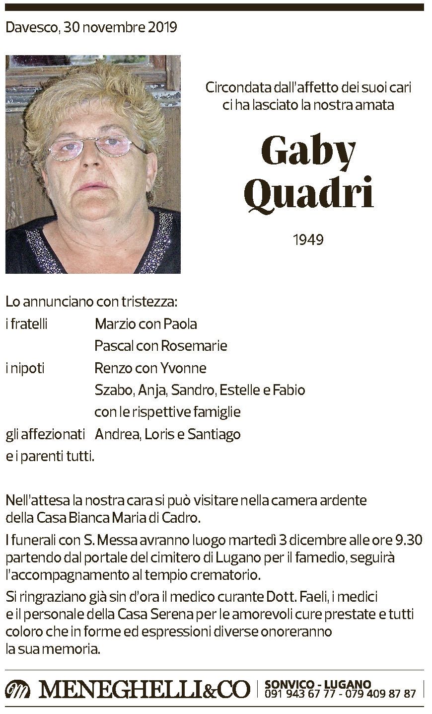 Annuncio funebre Gaby Quadri