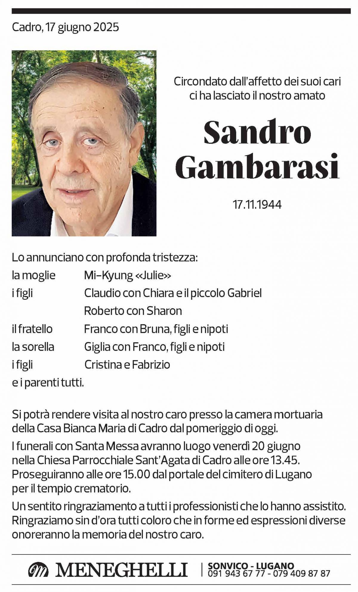 Annuncio funebre Sandro Gambarasi
