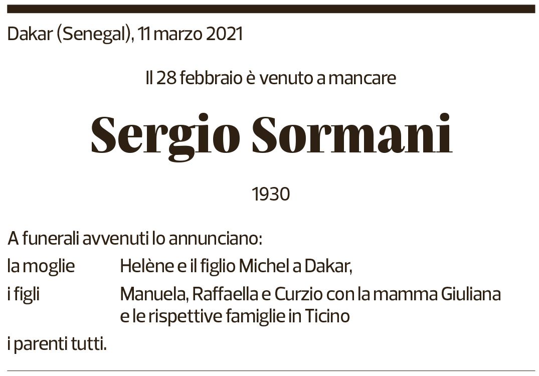 Annuncio funebre Sergio Sormani