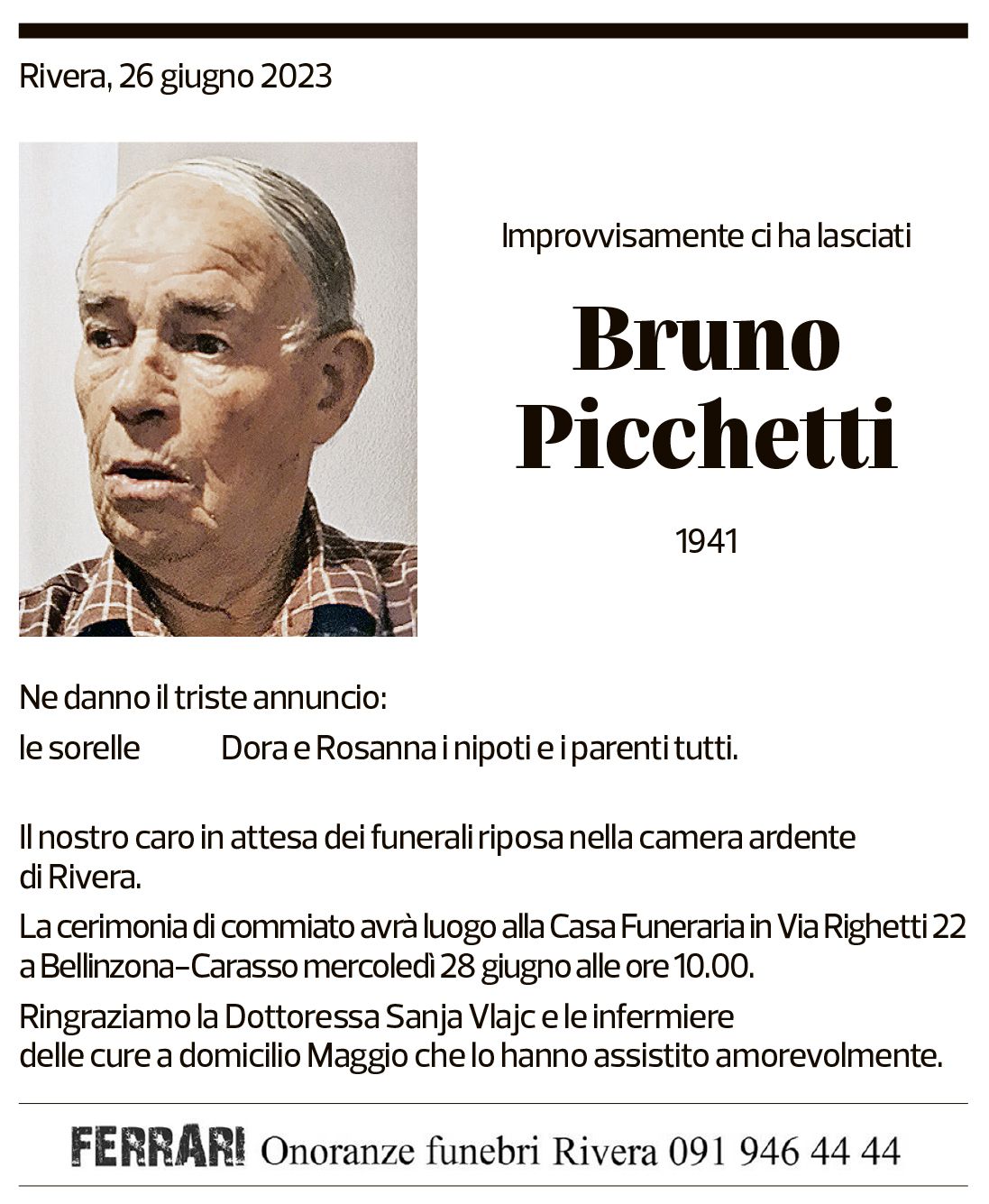 Annuncio funebre Bruno Picchetti