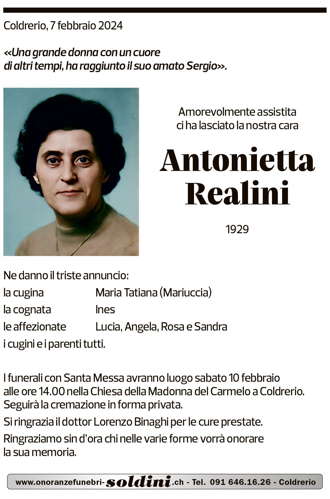 Annuncio funebre Antonietta Realini