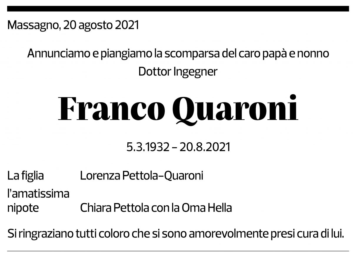 Annuncio funebre Franco Quaroni