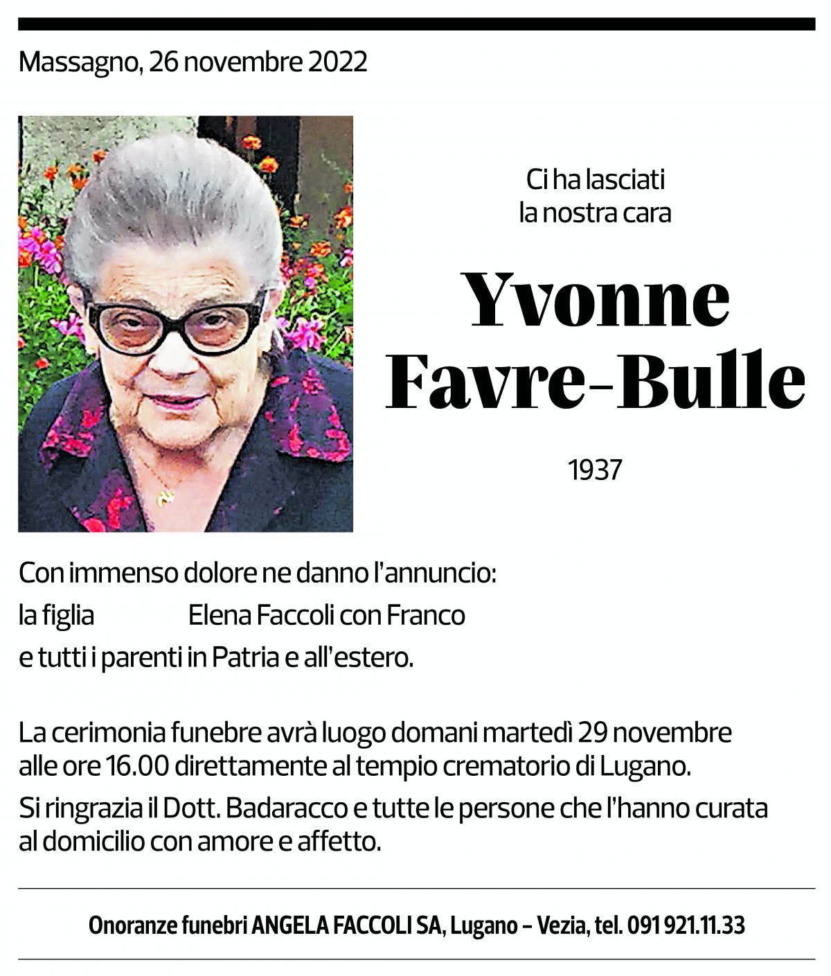 Annuncio funebre Yvonne Favre-bulle