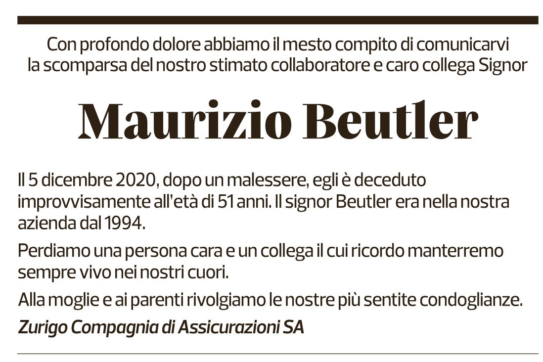 Annuncio funebre Maurizio Beutler