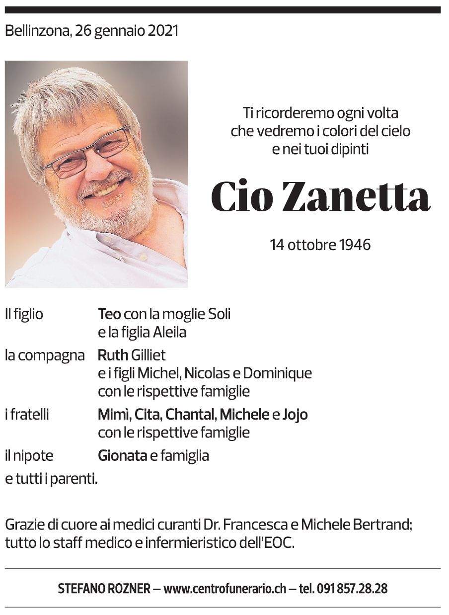 Annuncio funebre Cio Zanetta