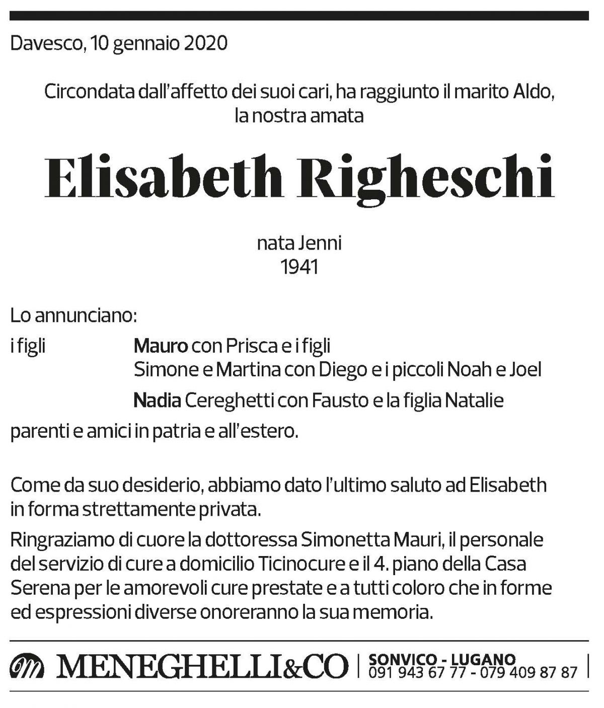 Annuncio funebre Elisabeth Righeschi