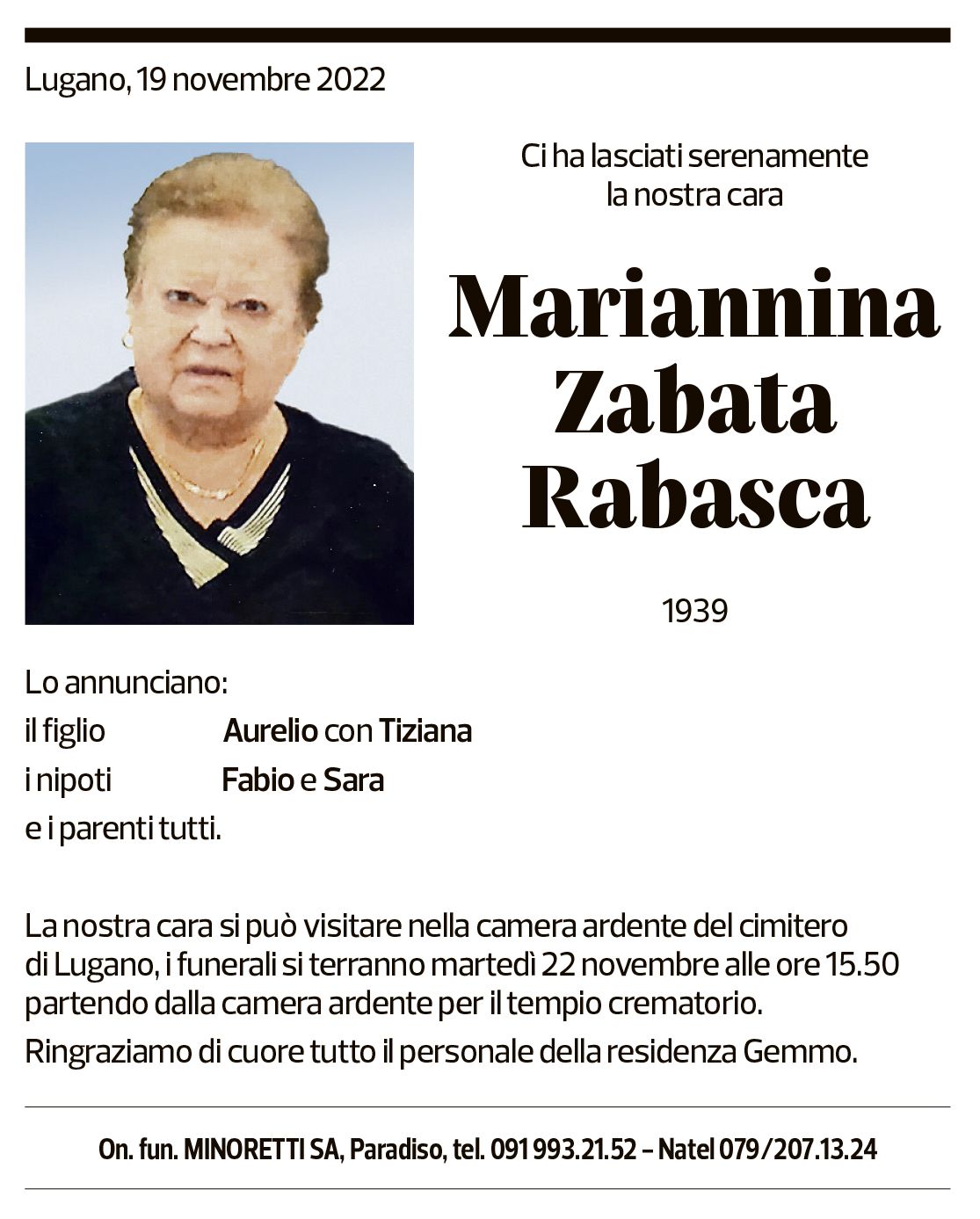 Annuncio funebre Mariannina Zabata Rabasca